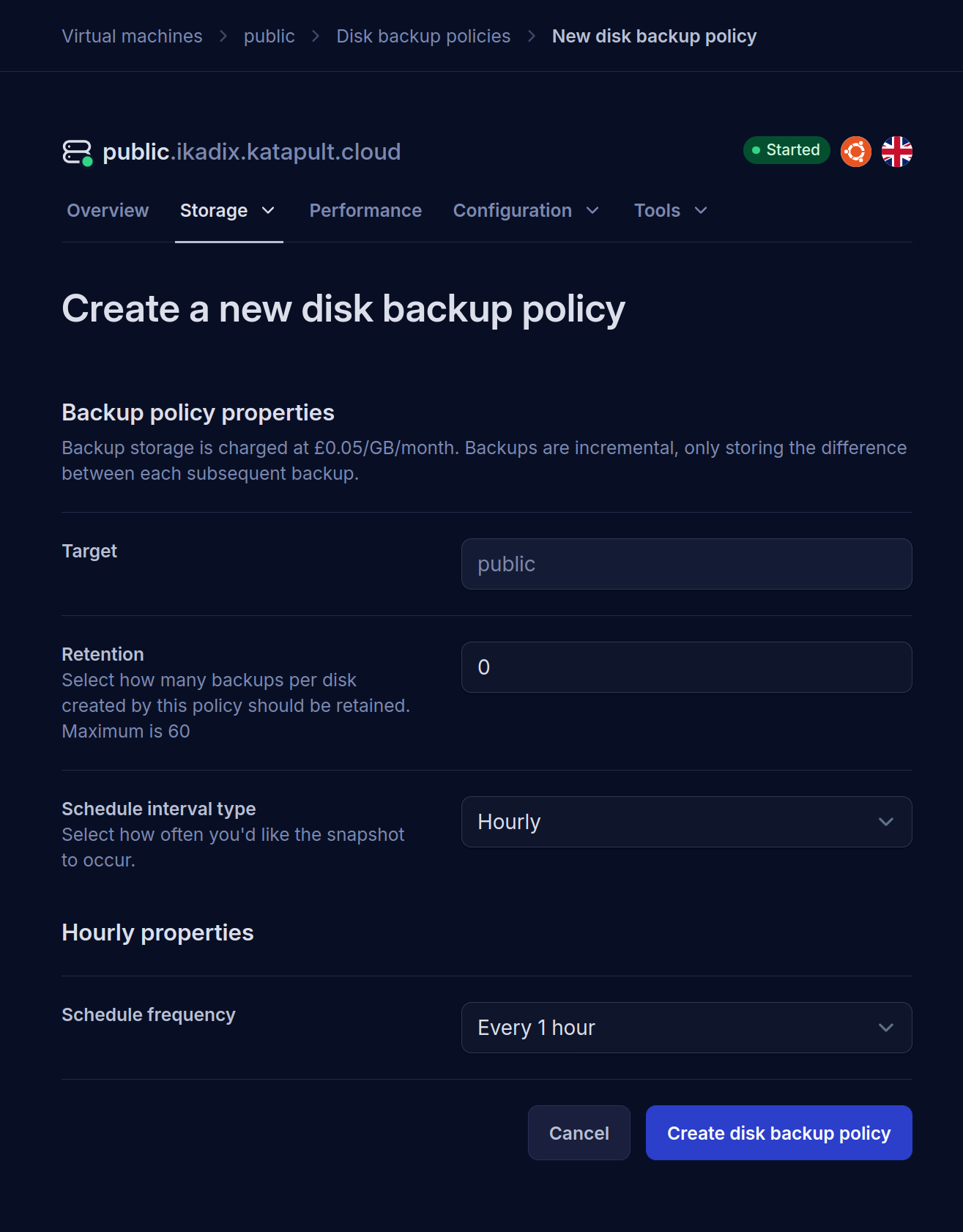 Web Form for creating a disk backup policy.