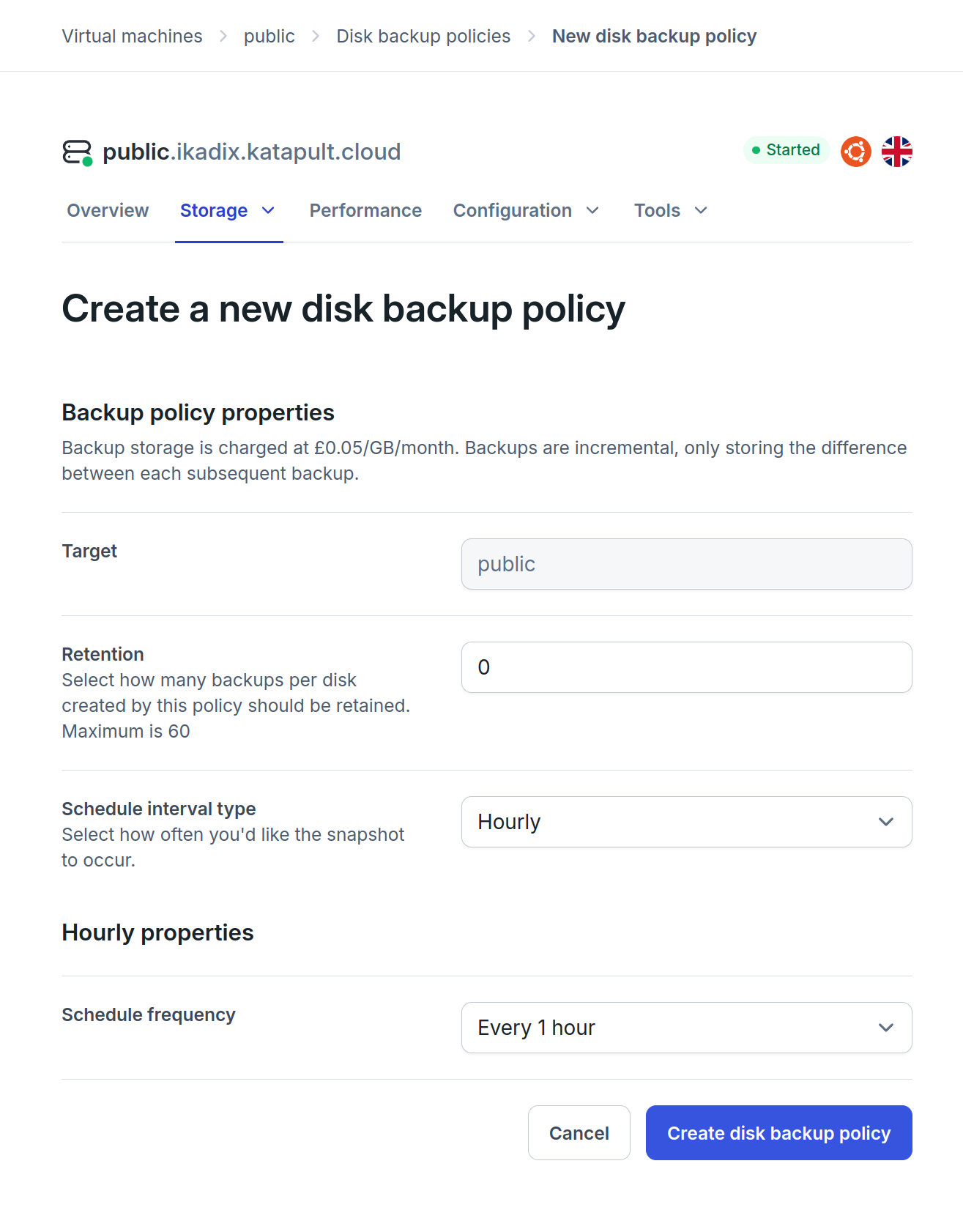 Web Form for creating a disk backup policy.