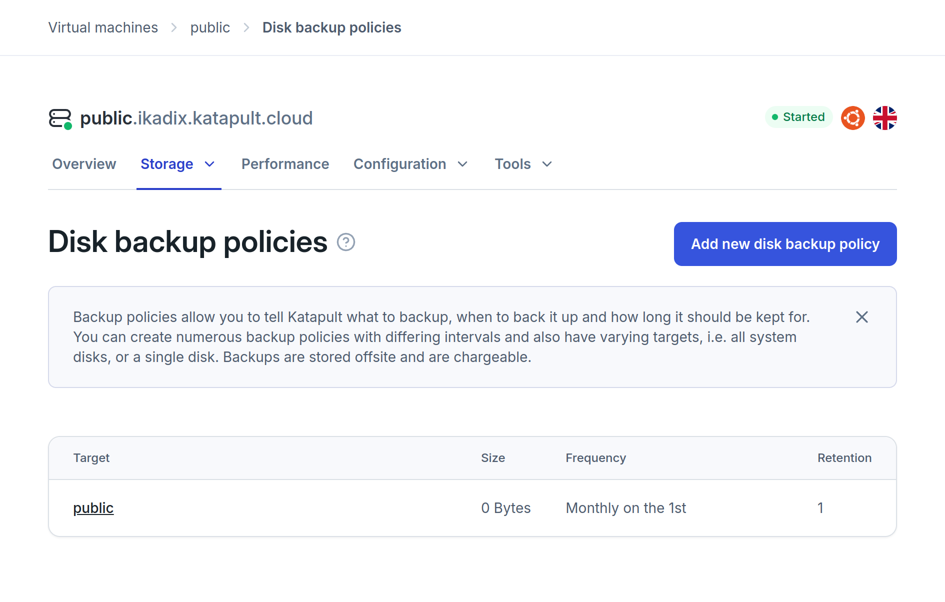 List view of disk backup policies.