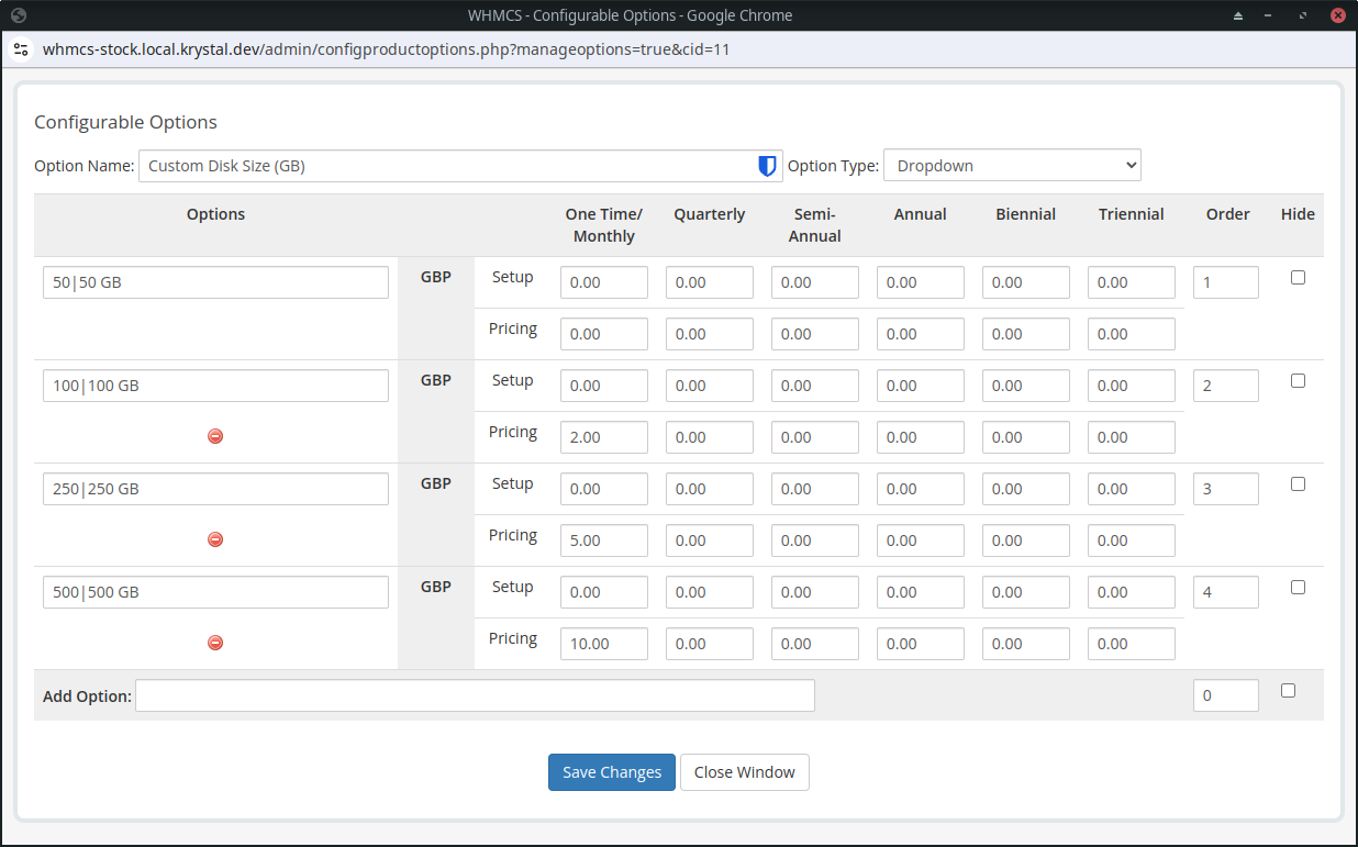 A screenshot of the custom disk sizes configurable option with the dropdown type.