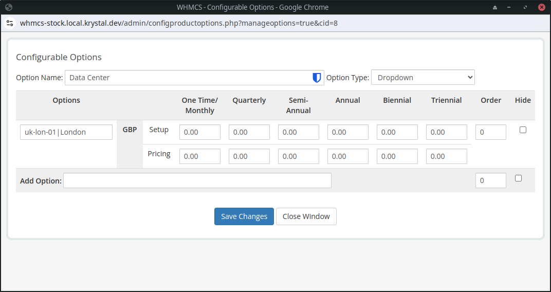 A screenshot of the configurable options data centers.