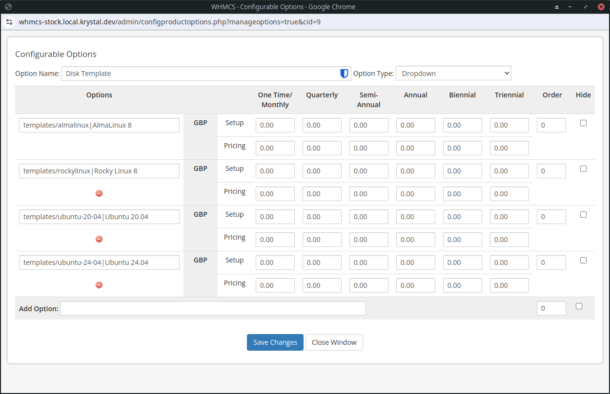 A screenshot of the configurable options disk templates.