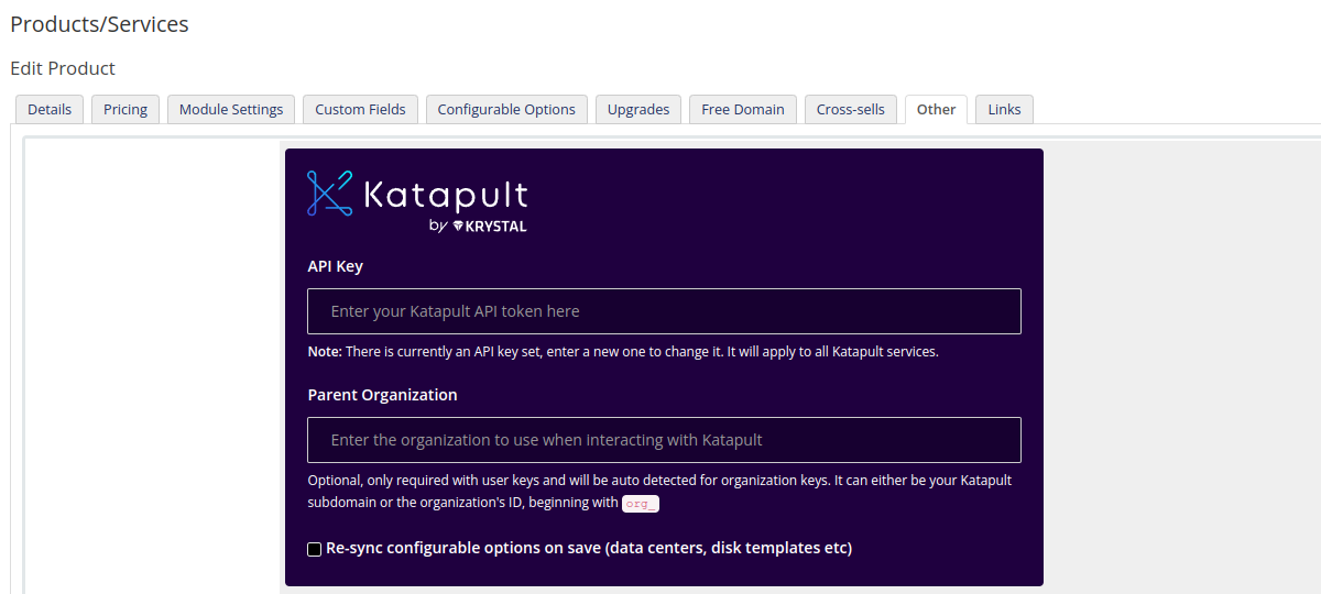 A screenshot of the edit product configuration panel.