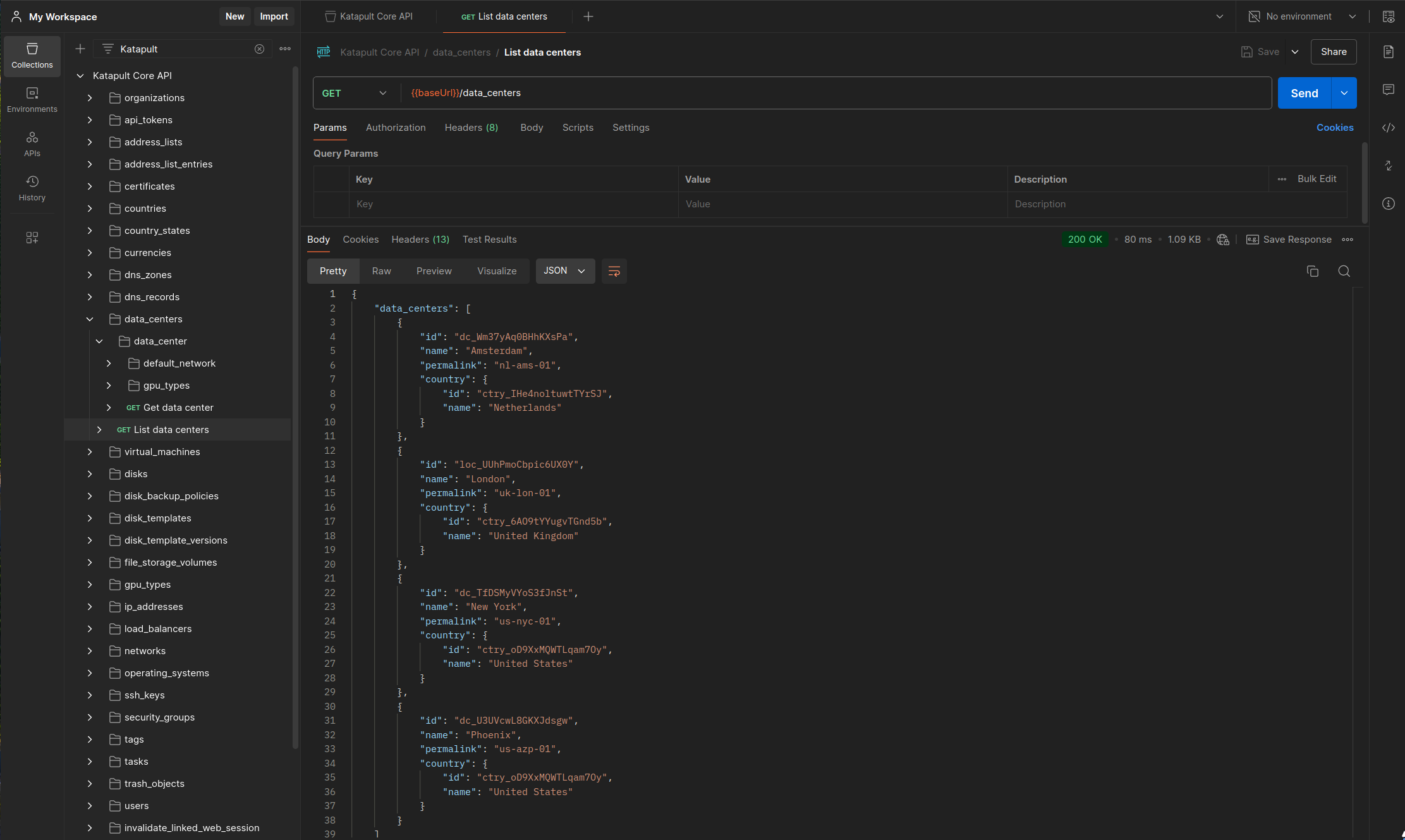 The Postman UI on the List Data Centers request showing the JSON response.