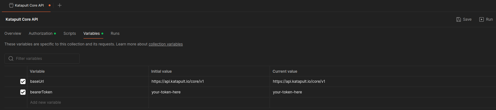 The UI for managing variables in Postman. It shows a baseURL that is set and a bearer token that should be set.