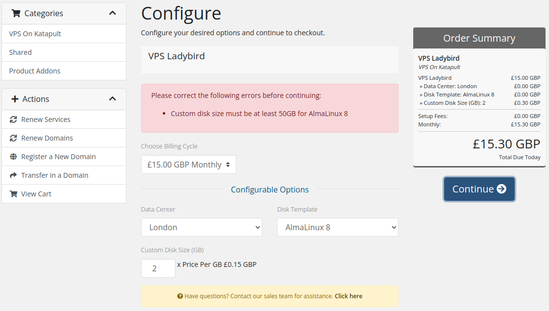 A screenshot of the shopping cart showing a validation error for insufficient custom disk size.