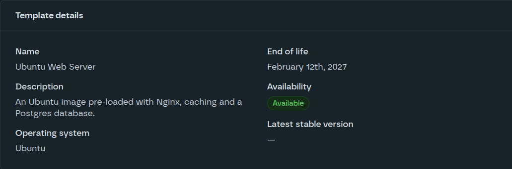 Template Details page showing a disk template named test running on Ubuntu with an end of life date of December 31st, 2025. The page displays template information including availability status marked as available, alongside action buttons for creating new versions, creating versions with update scripts, and moving the template to trash. A versions section shows zero versions currently exist for this template.