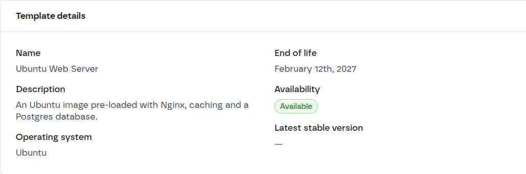 Template Details page showing a disk template named test running on Ubuntu with an end of life date of December 31st, 2025. The page displays template information including availability status marked as available, alongside action buttons for creating new versions, creating versions with update scripts, and moving the template to trash. A versions section shows zero versions currently exist for this template.