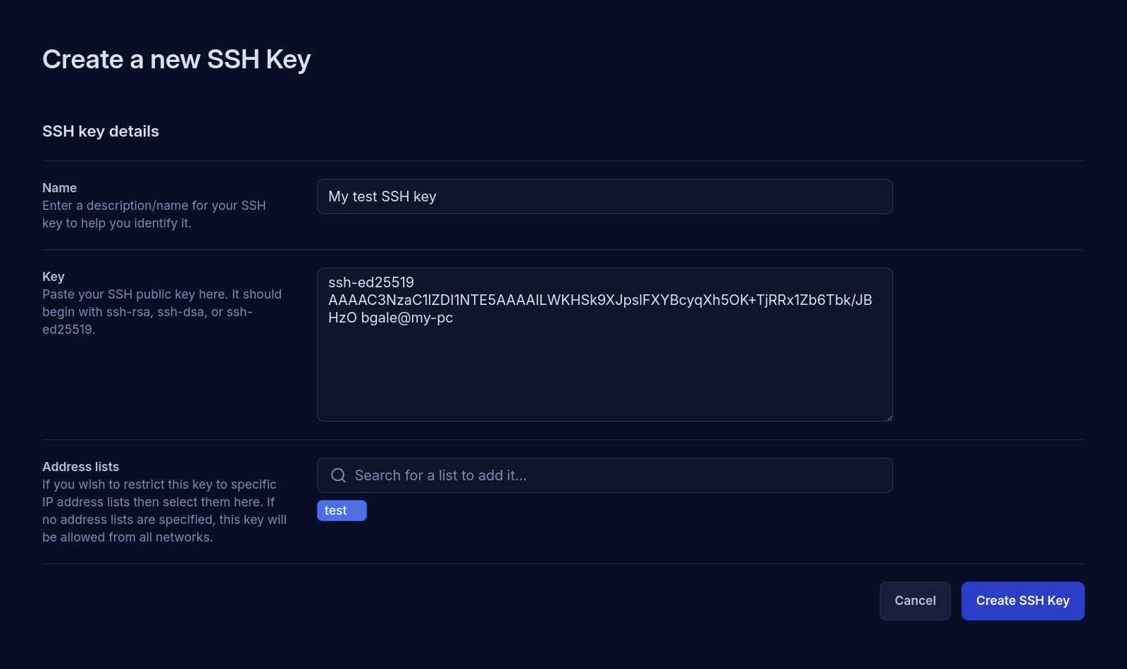 Web Form for adding an organization SSH key.