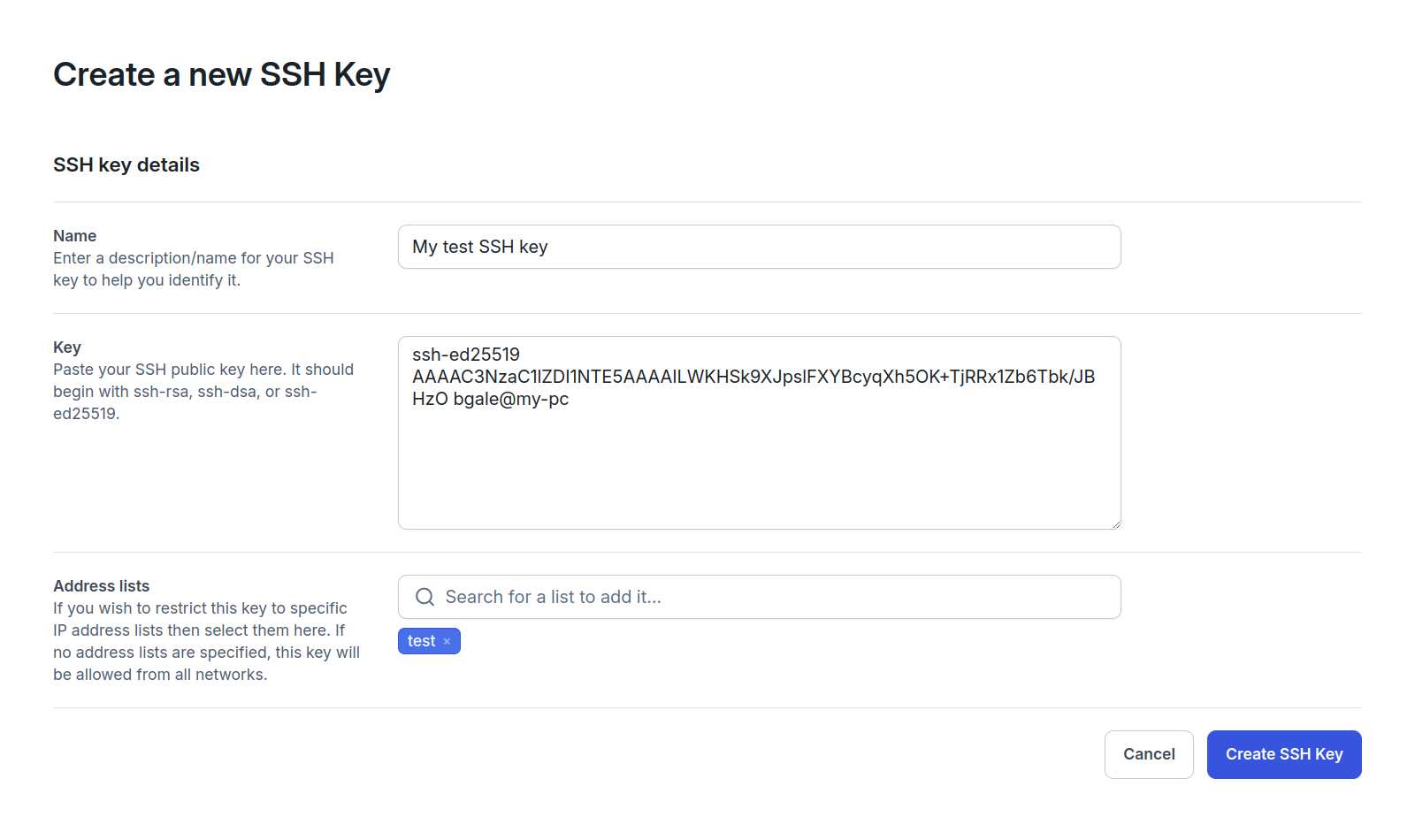 Web Form for adding an organization SSH key.