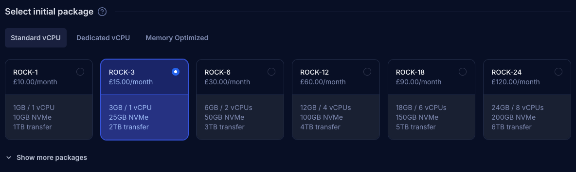 Web Form for choosing a package.