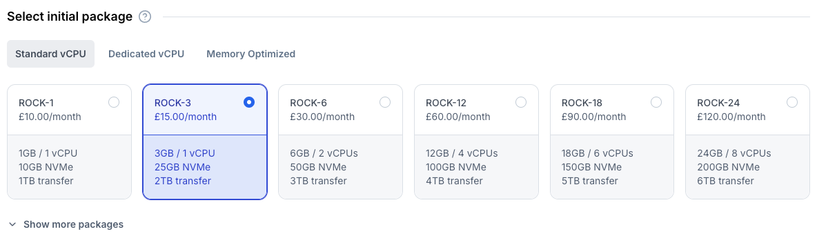 Web Form for choosing a package.