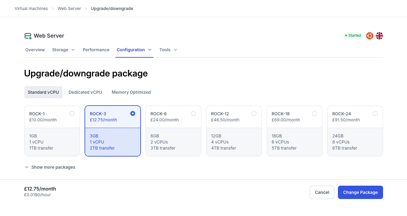 Web Form for choosing a package.