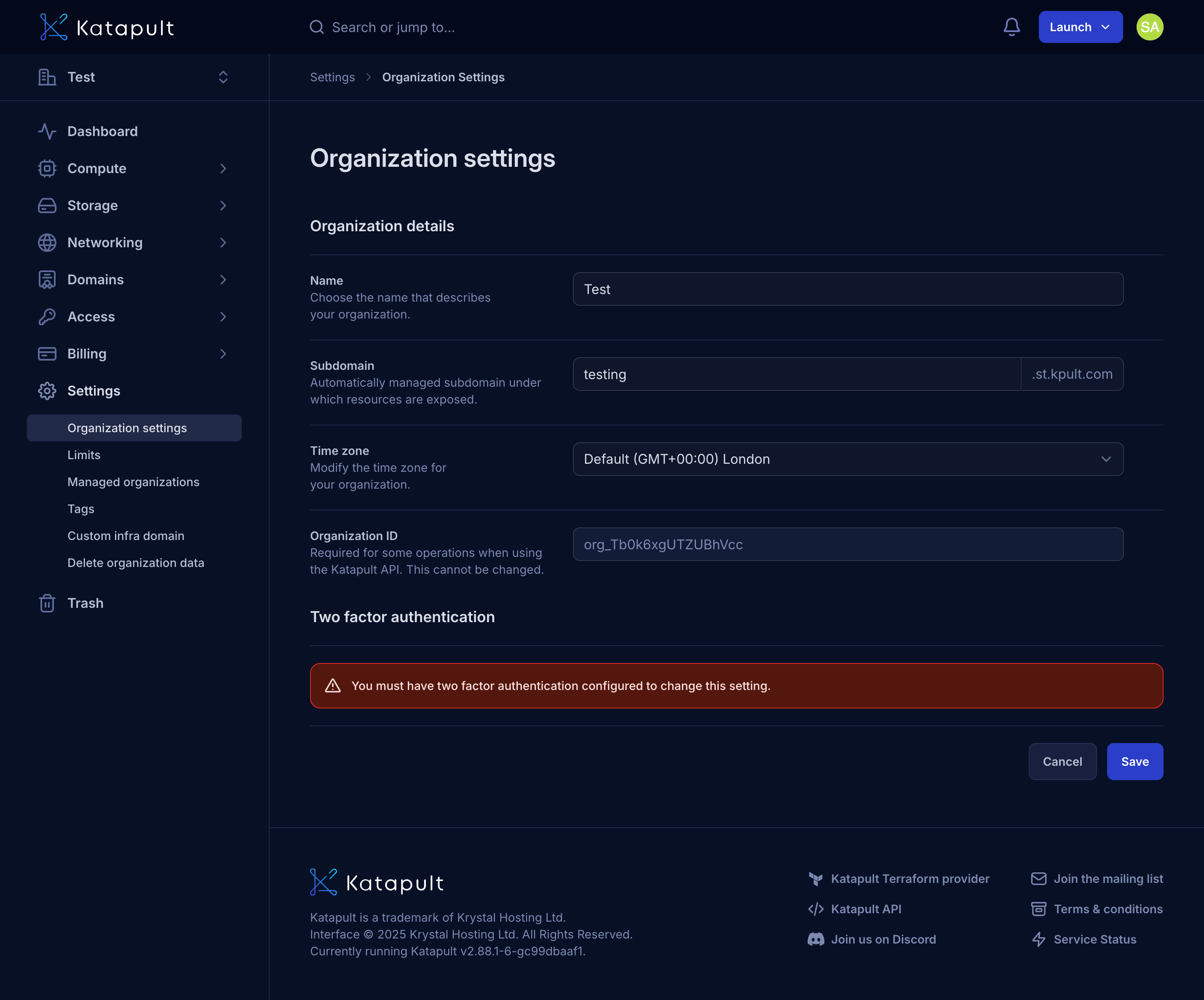 Edit Organization in Katapult dashboard