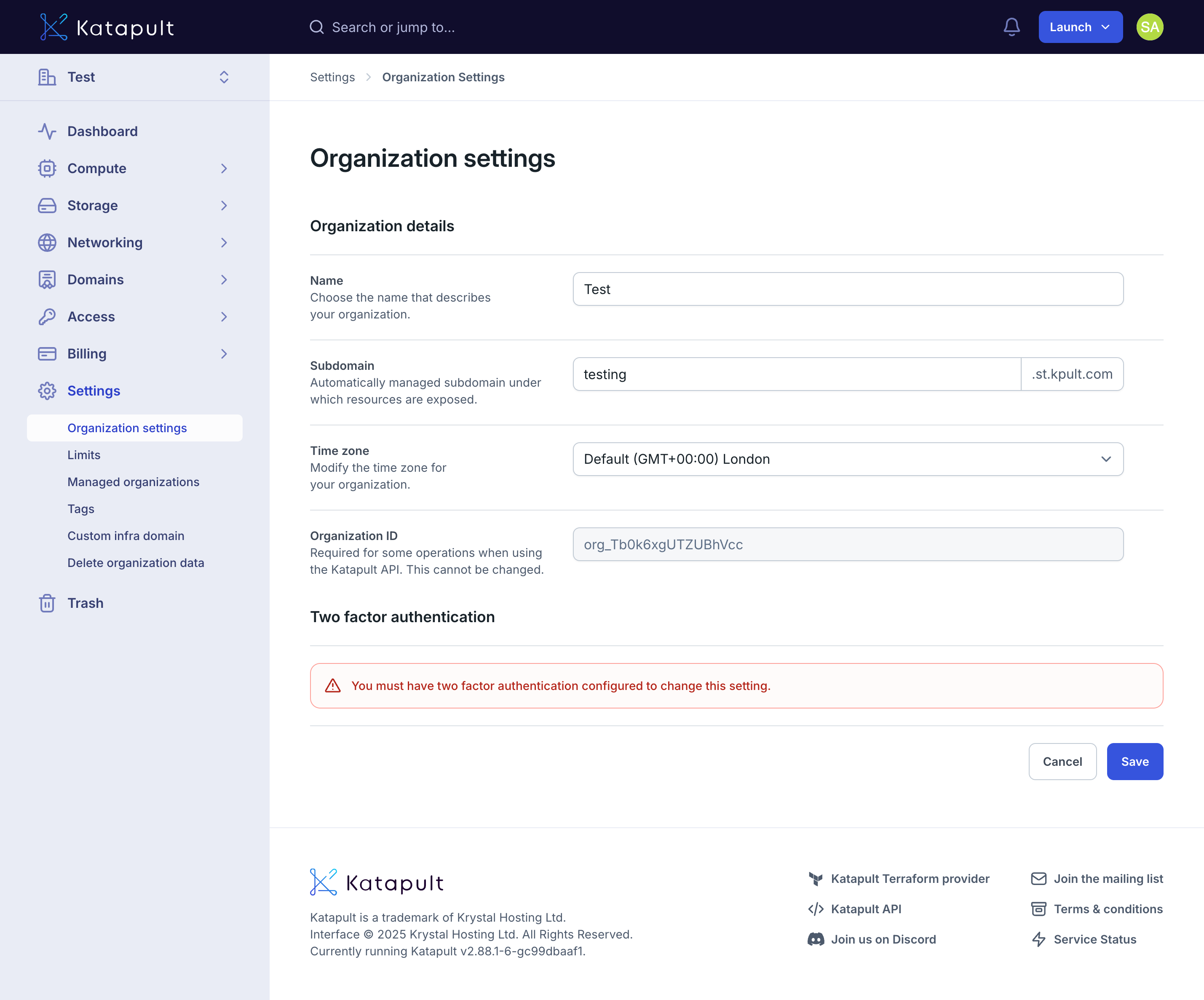 Edit Organization in Katapult dashboard