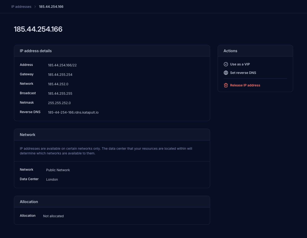 Example of the IP address details page