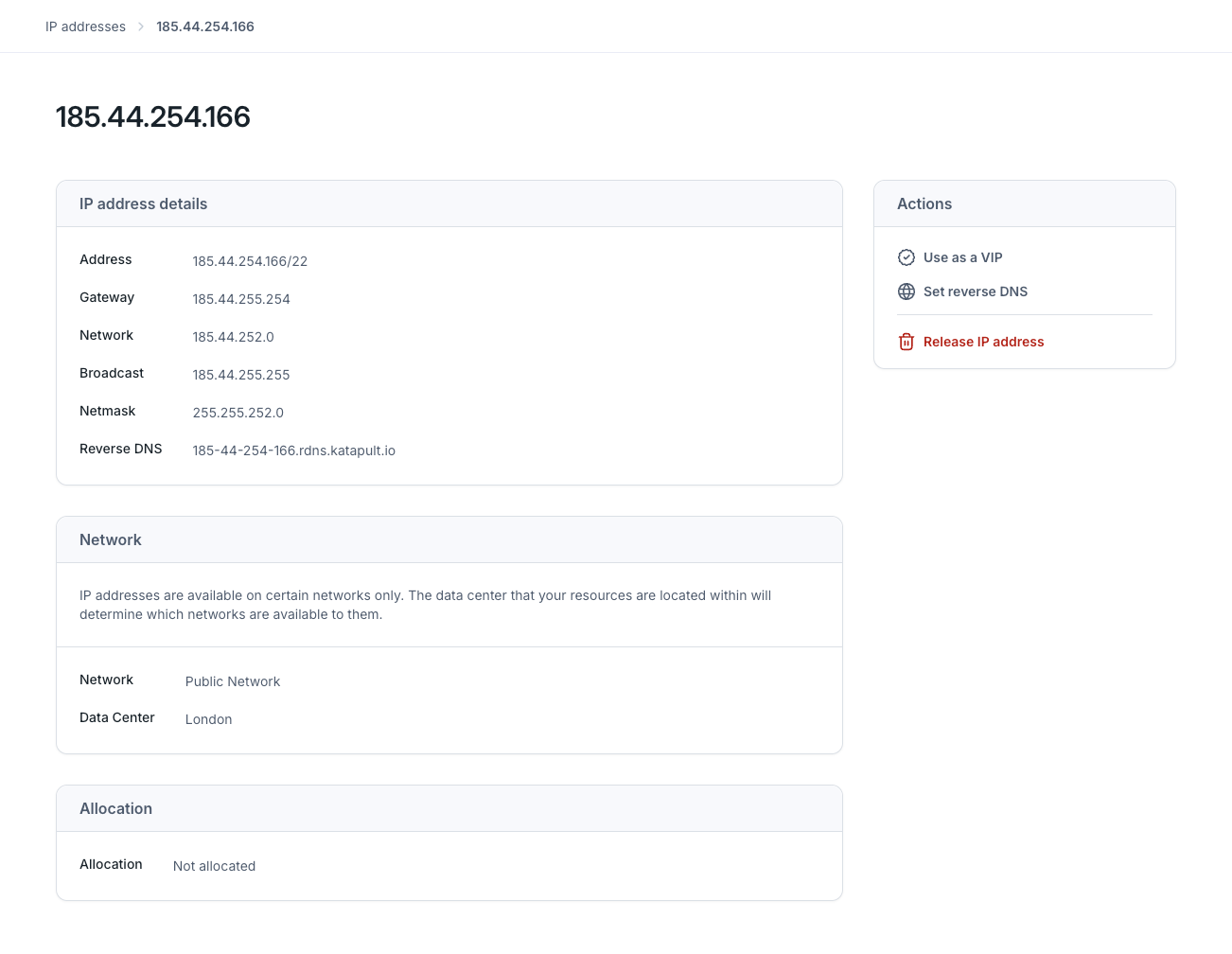 Example of the IP address details page