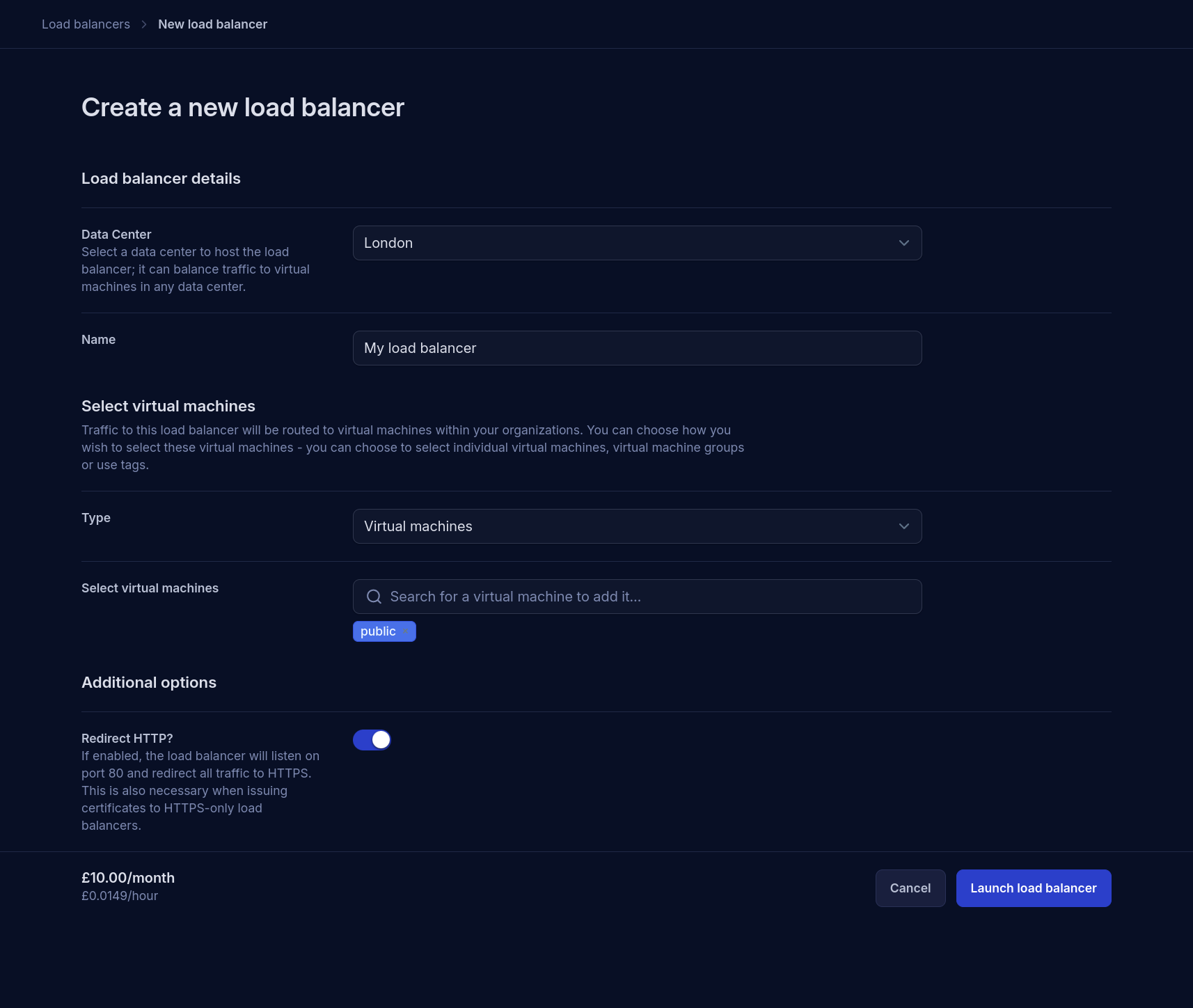 Web form to add a new load balancer