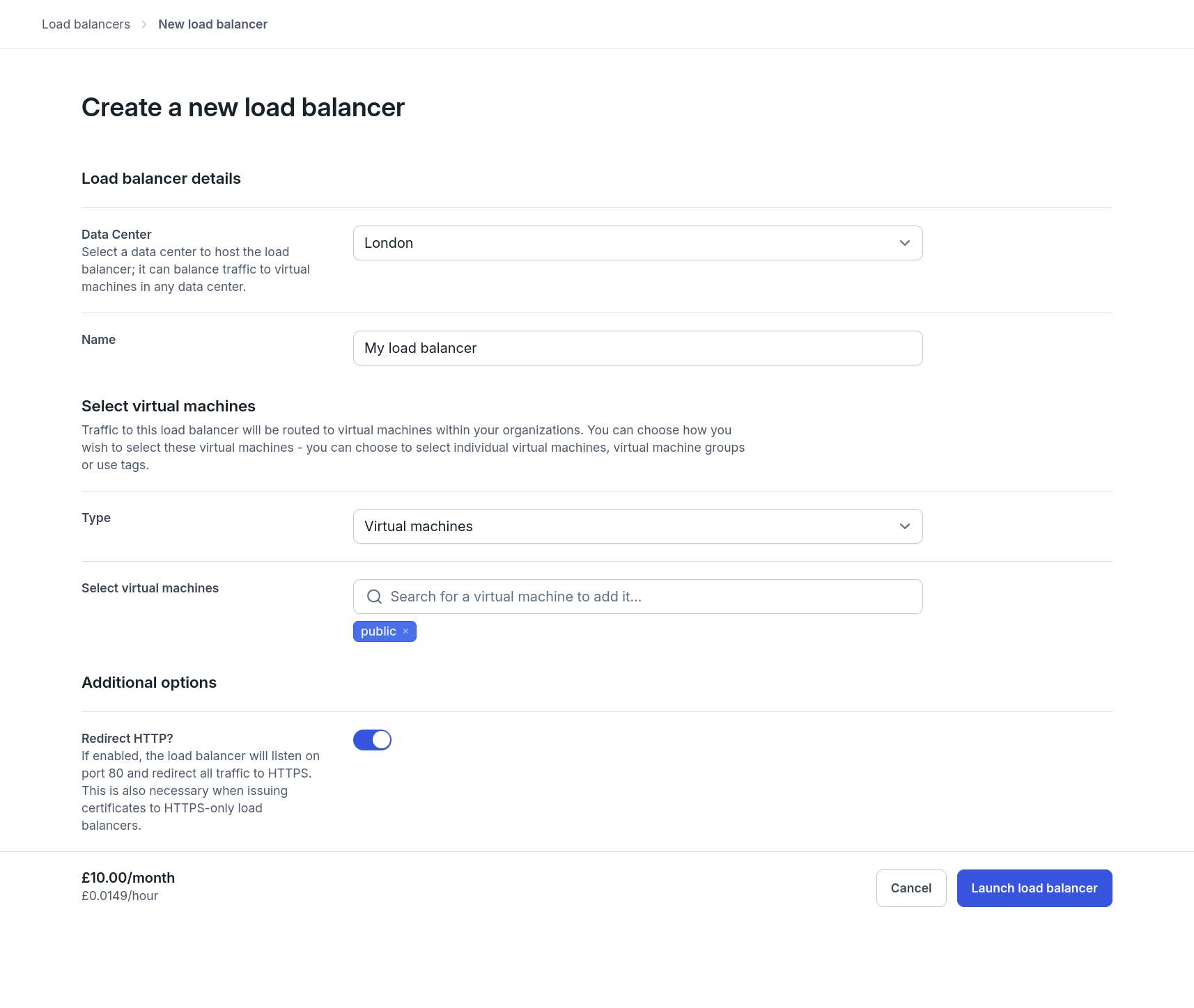 Web form to add a new load balancer