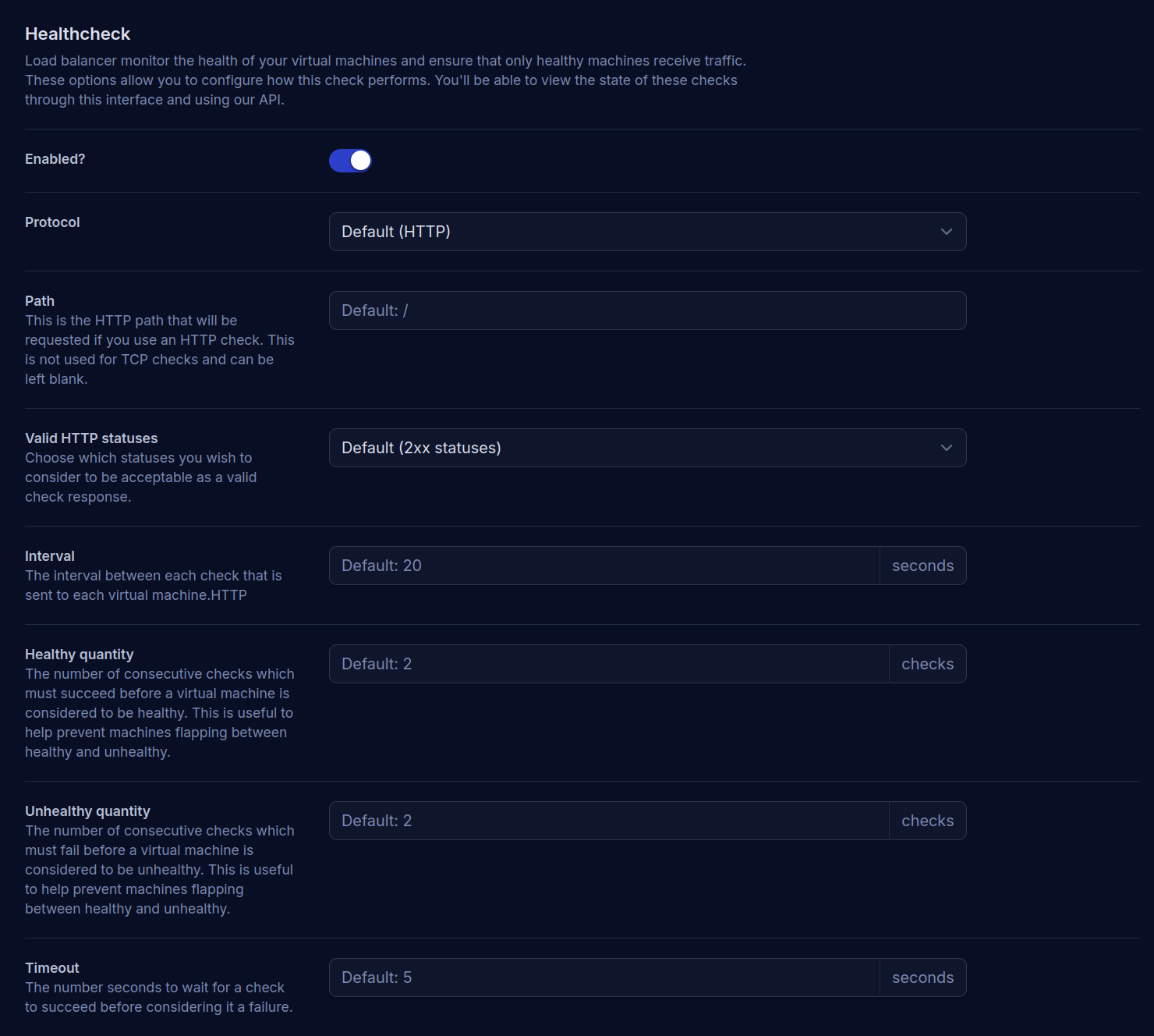 Web form to add a new load balancer rule, health check section