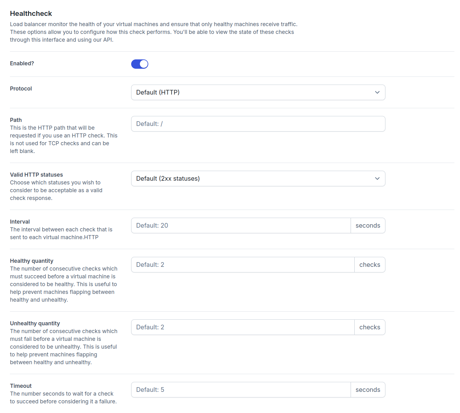 Web form to add a new load balancer rule, health check section