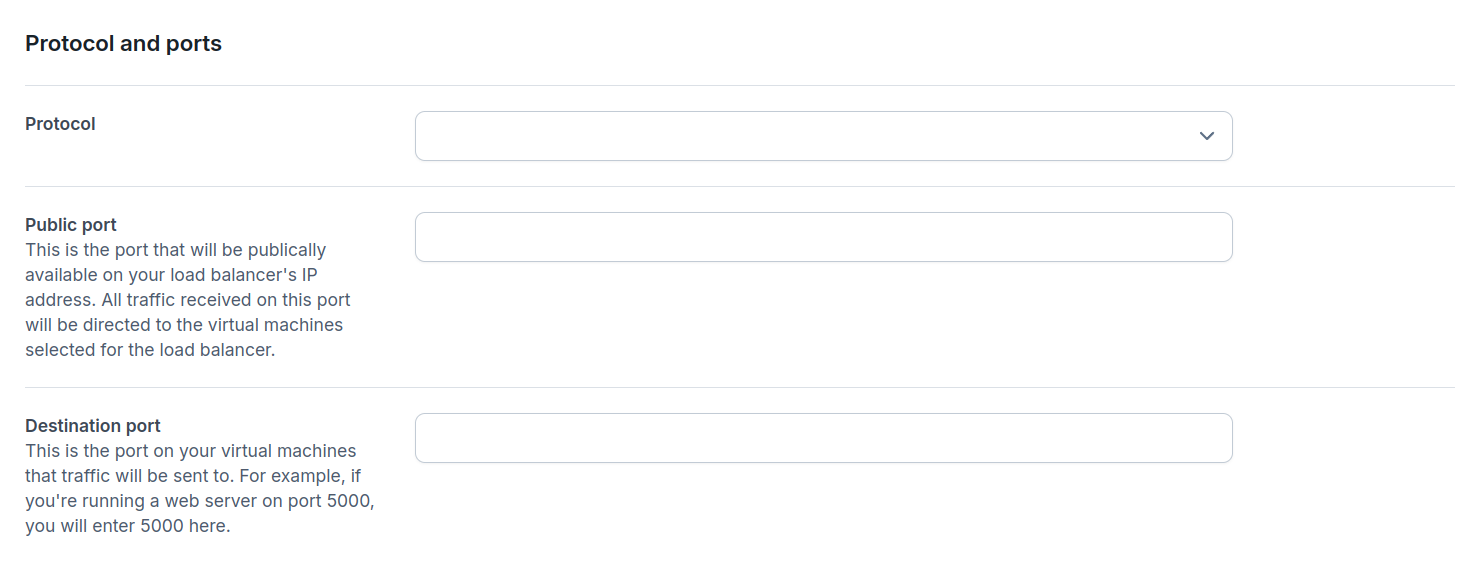 Web form to add a new load balancer rule, protocol and ports section