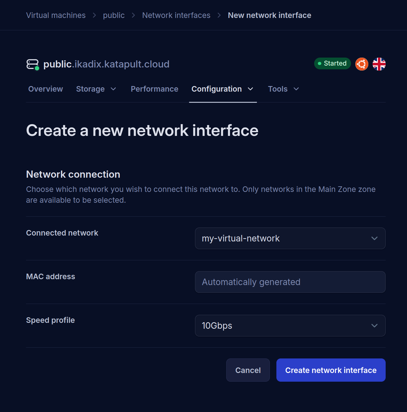 Web form to add a new network interface to a virtual machine. The virtual network is selected as the network.