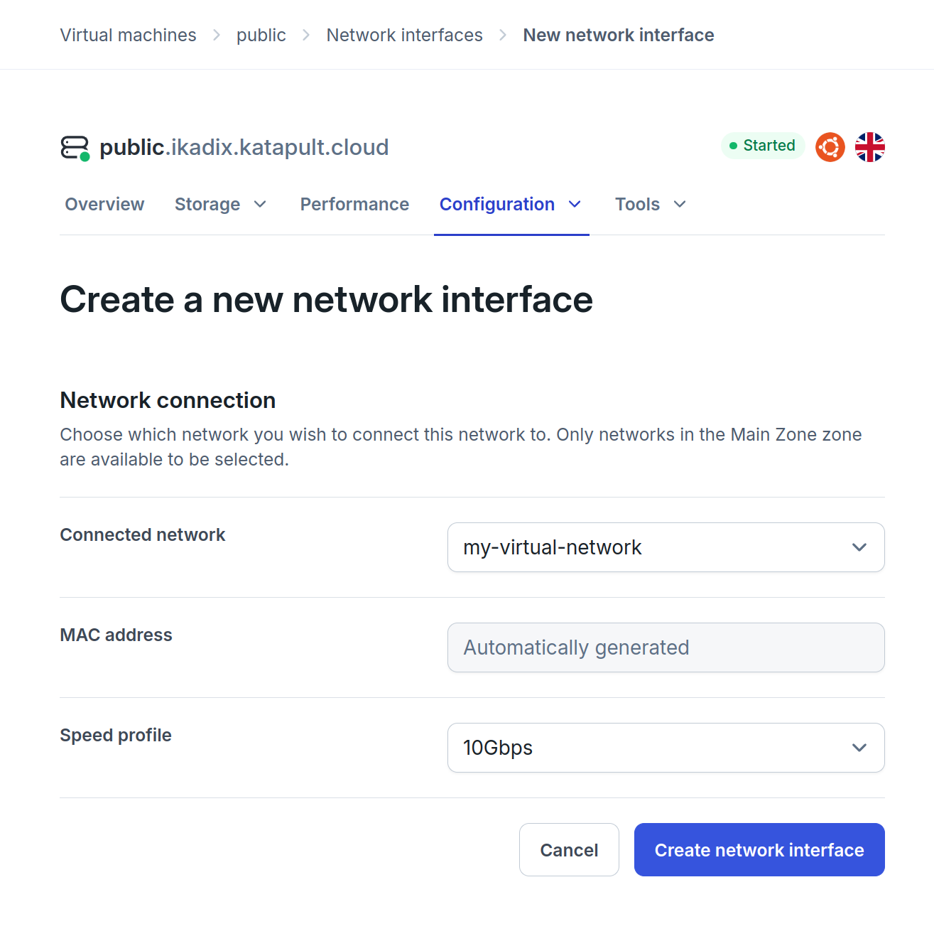 Web form to add a new network interface to a virtual machine. The virtual network is selected as the network.