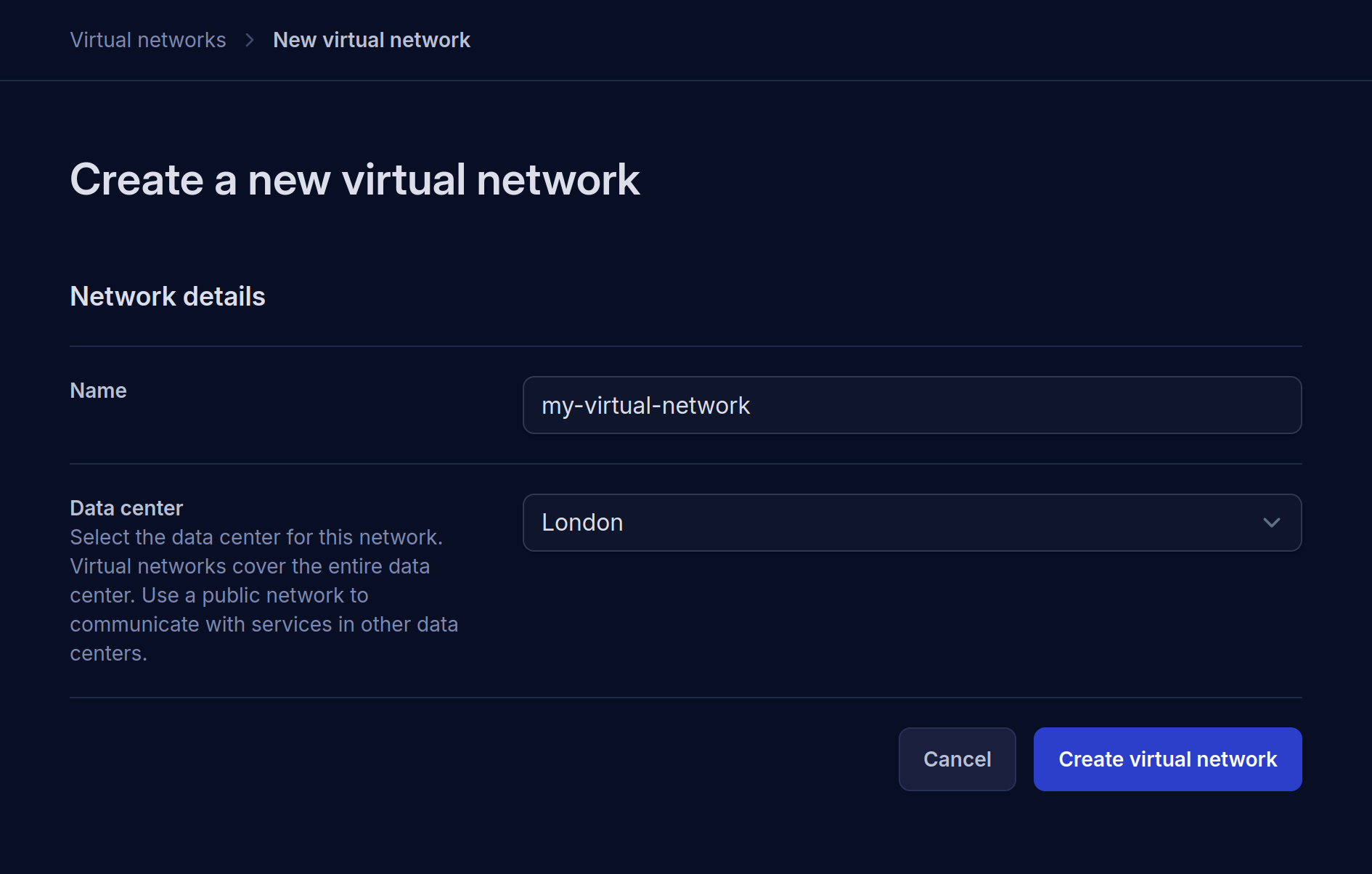 Web form to add a new network interface to a virtual machine. The virtual network is selected as the network.