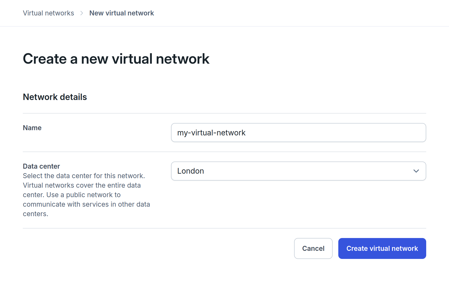 Web form to add a new network interface to a virtual machine. The virtual network is selected as the network.