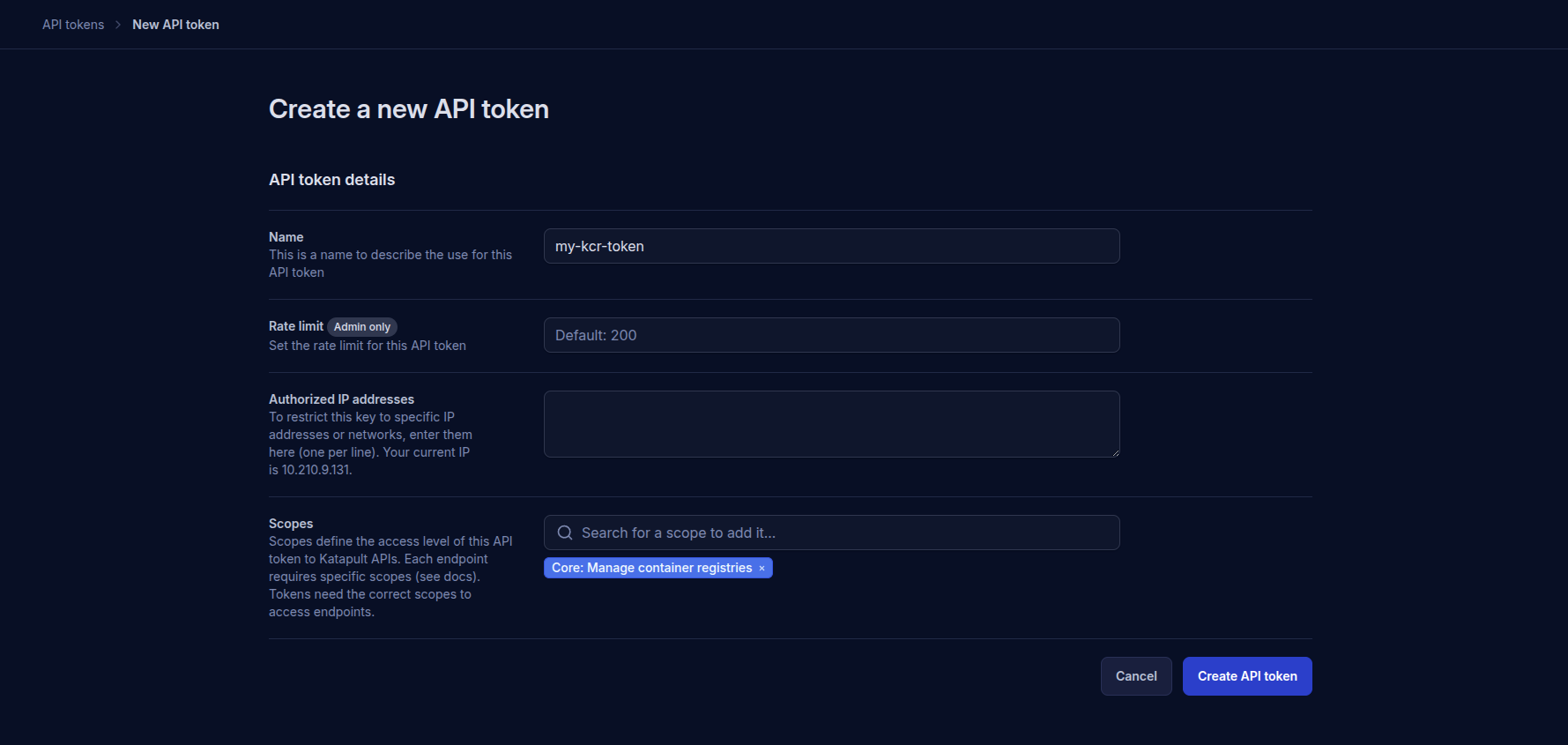 Web form for generating an API token for use with the Katapult Container Registry.