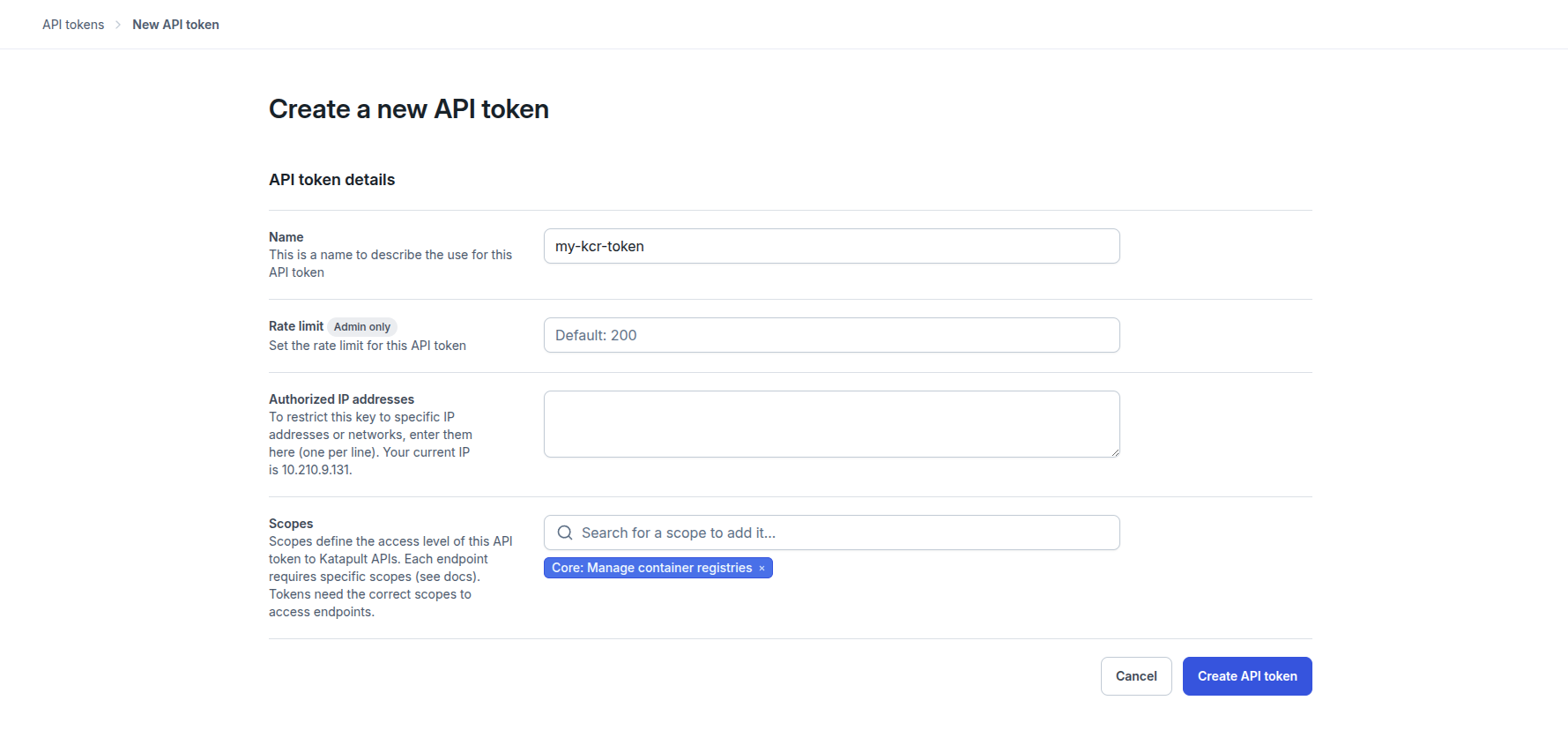 Web form for generating an API token for use with the Katapult Container Registry.