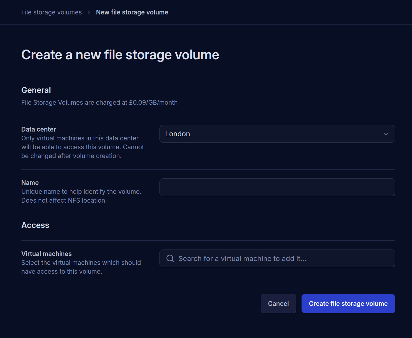 Web Form for creating a file storage volume. Two fields, first field is for the data center, second field is for the name of the volume.