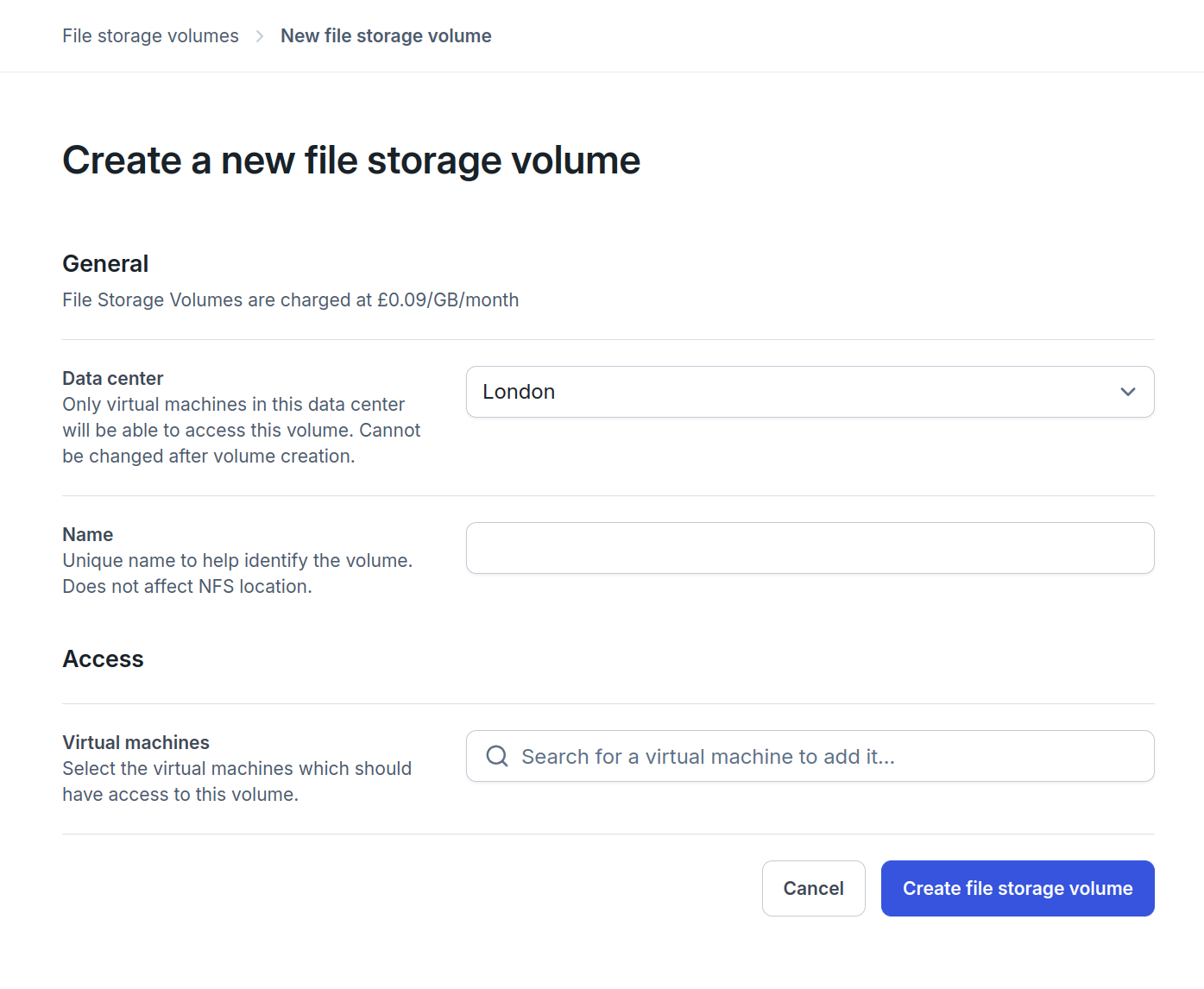 Web Form for creating a file storage volume. Two fields, first field is for the data center, second field is for the name of the volume.