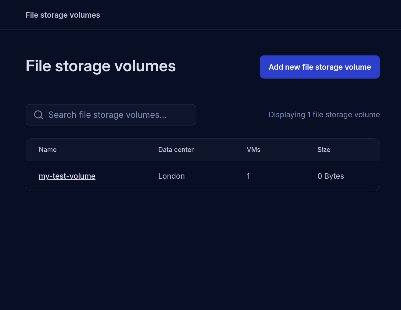 List of available file storage volumes. Each volume has a name, data center location, VM count and size.