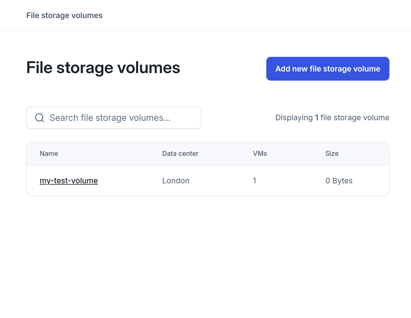 List of available file storage volumes. Each volume has a name, data center location, VM count and size.